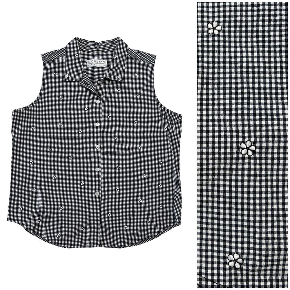 VTG Norton Studio Gingham Sleeveless Button Up Top Sz L Floral Embroidered Black
